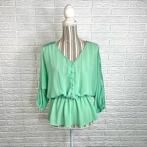My Michelle Green Peplum Top with Lace Accented Sleeves Size Large